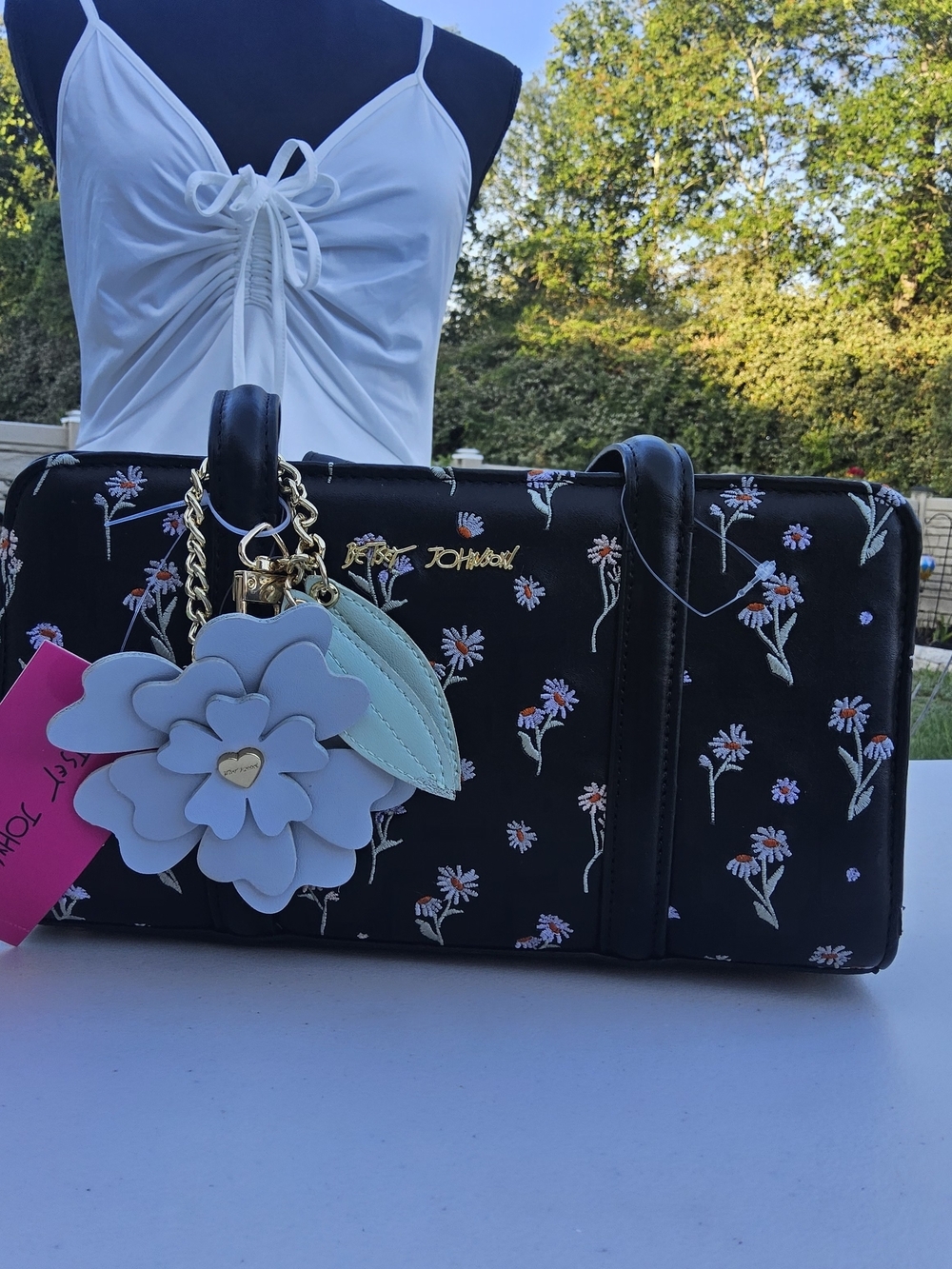 NWT-Betsey Johnson Black Floral Satchel with Light Blue Flower Charm - Picture 2 of 6